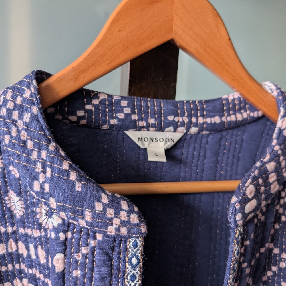 Stunning Monsoon 100% Cotton Quilted / Woven Navy Patterned Jacket - Large - Picture 4 of 12